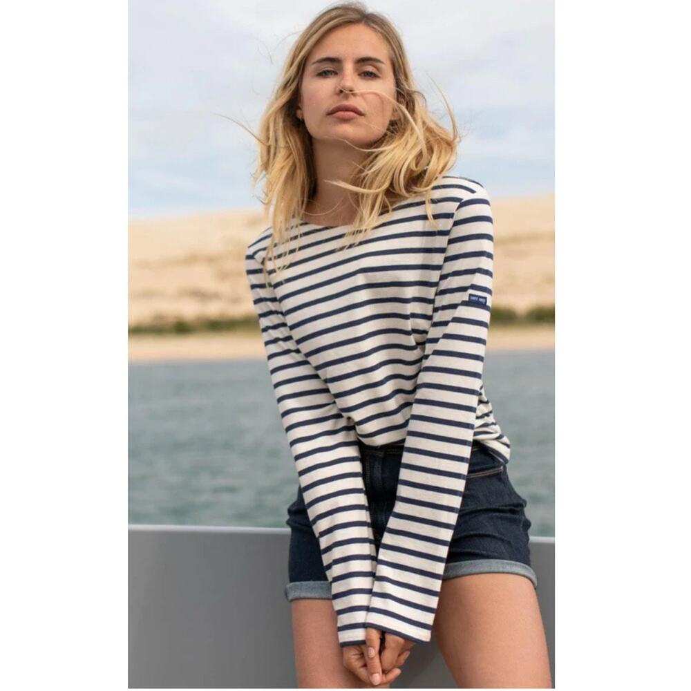 Saint James Breton Stripe Crewneck in White and Navy